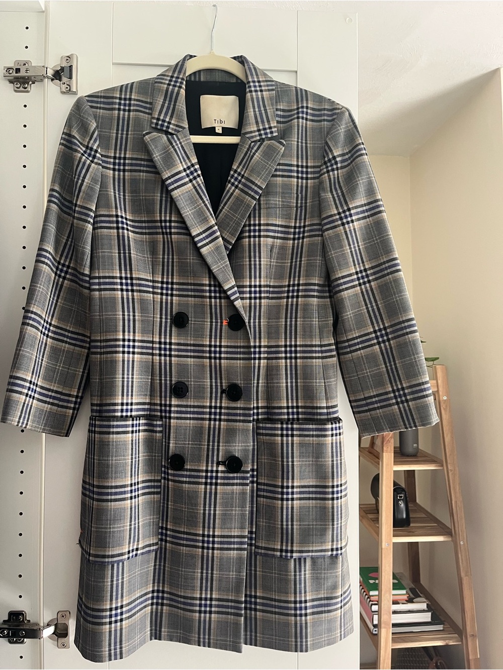 Tibi Gray Plaid Double-Breasted coat dress